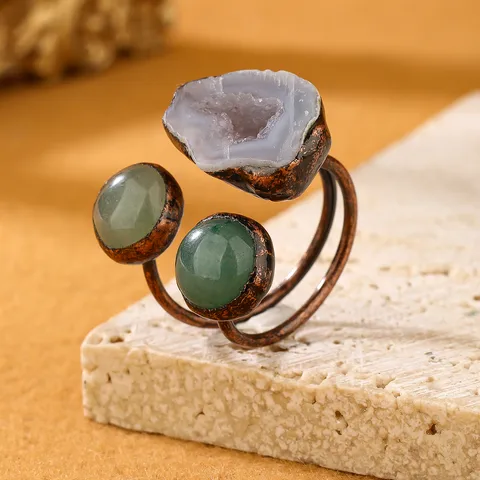 Copper Handmade Inlay Asymmetrical Irregular Agate Green Aventurine Open Rings