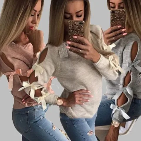 Women's Sweater Long Sleeve Sweaters & Cardigans Hollow Out Casual Elegant Bow Knot