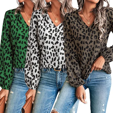 Women's Blouse Long Sleeve Blouses Contrast Binding Streetwear Leopard