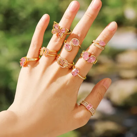 Copper Plating Geometric Water Droplets Heart Shape Zircon Open Rings