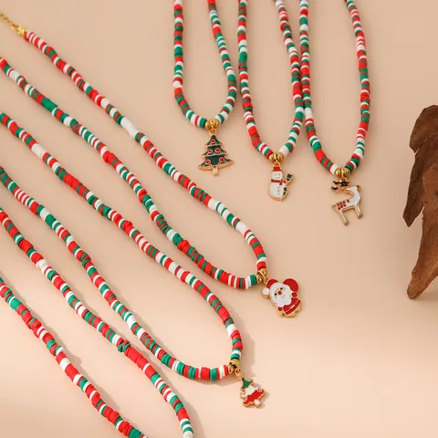 Sweet Christmas Tree Santa Claus Elk Alloy Soft Clay Beaded Necklaces Wholesale