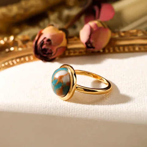 Copper 18K Gold Plated Inlay Natural Stone Open Rings