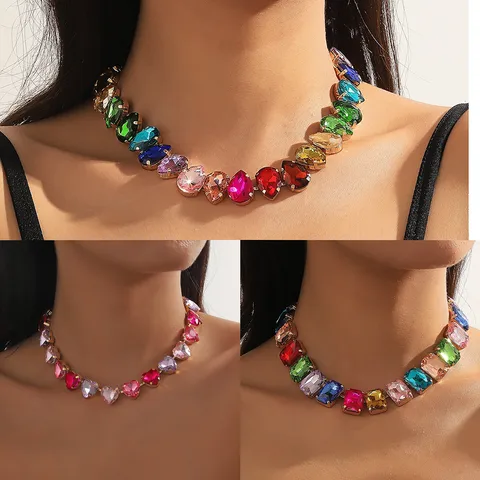 Sweet Geometric Artificial Crystal Ferroalloy Cable Chain Choker Wholesale