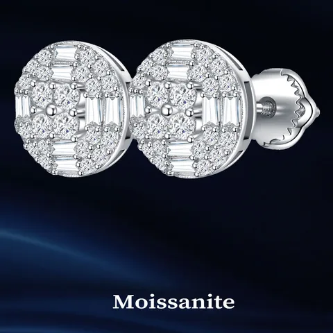 1 Pair Rhodium Plated Sterling Silver Moissanite VS1-VS2 VVS1-VVS2 Princess-cut Round Brilliant Cut GRA Certificate Round Ear Studs