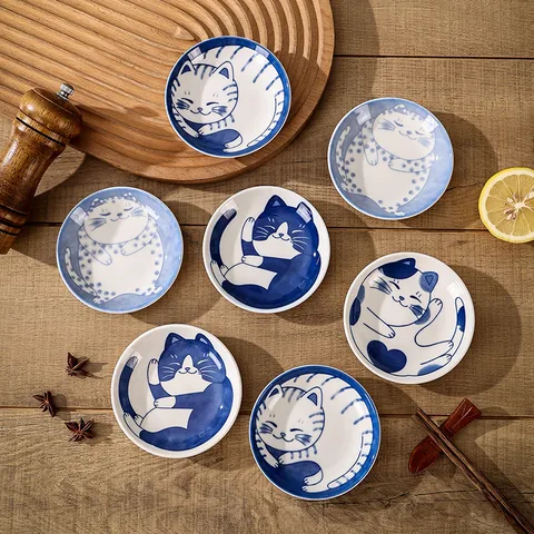 Japanese Style Cat Dish Cartoon Ceramic Dish Household Dining Table Dip Dish Soy Sauce Dish Hotpot Seasoning Dish Small Dish Seasoning Dish