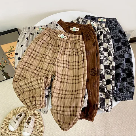 Children's Autumn And Winter Korean Style Girls' Trousers Wooden Cotton Velvet Printed Boys' Cartoon Casual Pants Medium And Big Children's Casual Sweatpants