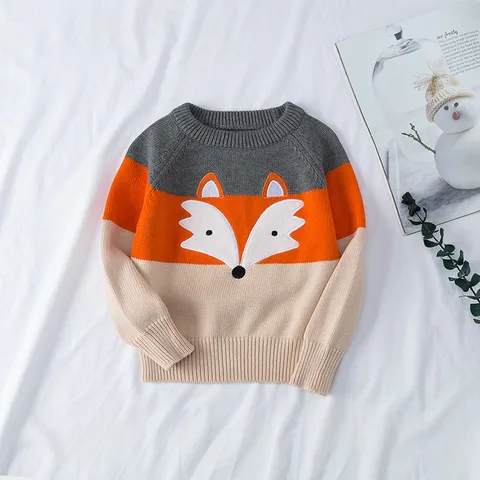 New Autumn And Winter Children's Sweater Embroidery Pattern Fox Pullover Long Sleeve Sweater Cotton