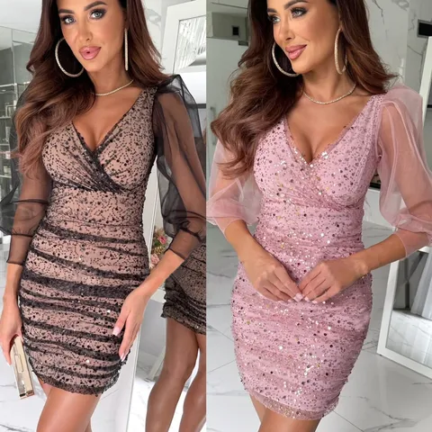 Women's Sheath Dress Elegant Sexy V Neck Sequ 3/4 Length Sleeve Glittery Above Knee Holiday Cocktail Party