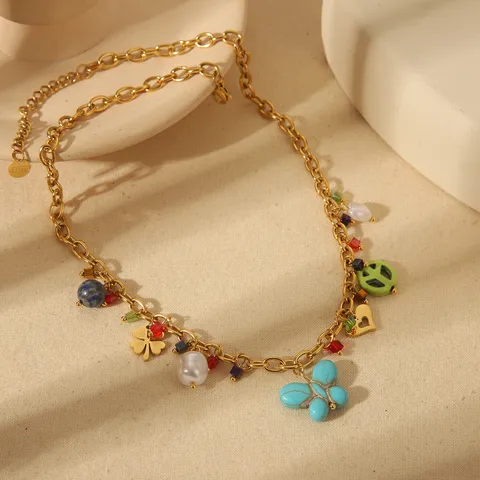 Wholesale Jewelry French Style Simple Style Classic Style Four Leaf Clover Butterfly 304 Stainless Steel Acrylic Artificial Pearls 18K Gold Plated Inlay Pendant Necklace