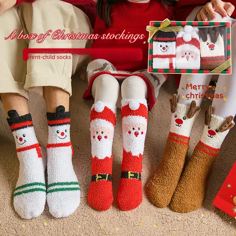 Christmas Socks Autumn And Winter Cartoon Parenting Christmas Socks Gift Box Coral Velvet Socks Velvet Warm Floor Socks