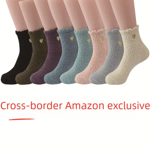 Women's Slippers Socks   Coral Fleece Winter Warm Embroidered Golden Love Socks Women's Home Sleeping Socks