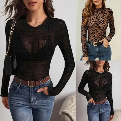 Women's T-shirt Long Sleeve T-Shirts See-Through Sexy Streetwear Leopard