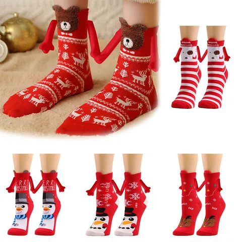 Hand-holding Socks Couple Magnetic Handle Cute Hand-holding Christmas Socks TikTok Cotton Stickers Iron-absorbing Stone Mid-calf Length Socks