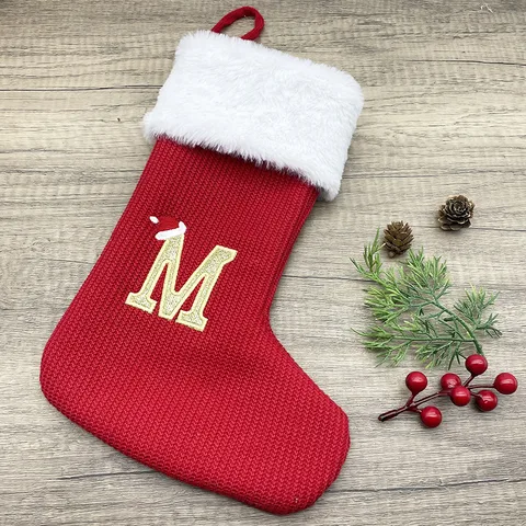 Golden Green Christmas Decoration Supplies Christmas Socks Gift Bag Knitted Christmas Socks 26 Letters Christmas Socks Gift Bag