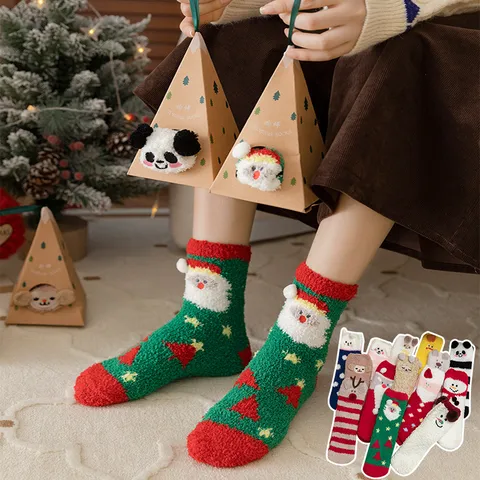 Christmas Socks Mid-calf Autumn And Winter Men's And Women's Thickened Coral Velvet Socks Christmas Gift Gift Box Socks Winter Christmas Ball