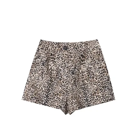 Women's Summer Fashionable High Waist Pleated Design Linen Blended Animal Print Casual Shorts 8023407