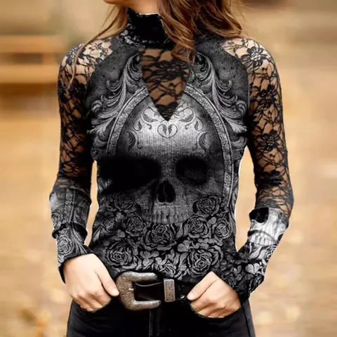 Women's T-shirt Long Sleeve T-Shirts Patchwork Lace Streetwear Skull