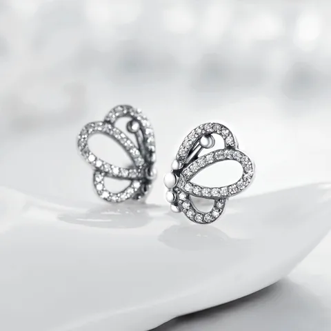 1 Pair Rhodium Plated Sterling Silver Zircon Butterfly Ear Studs