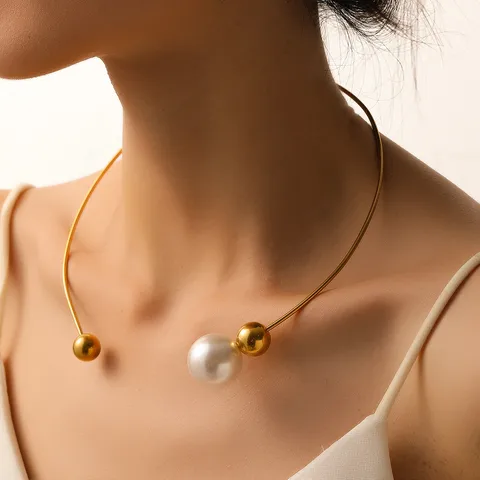 Casual Geometric 18K Gold Plated Artificial Pearls Artificial Pearl Titanium Steel Wholesale Choker