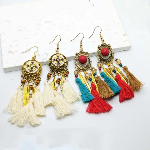 1 Pair Retro Bohemian Round Leaves Tassel Plating 304 Stainless Steel 18K Gold Plated Stainless Steel Earrings