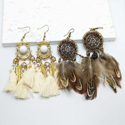 1 Pair Ethnic Style Bohemian Leaves Feather Tassel Plating 304 Stainless Steel 18K Gold Plated Stainless Steel Earrings