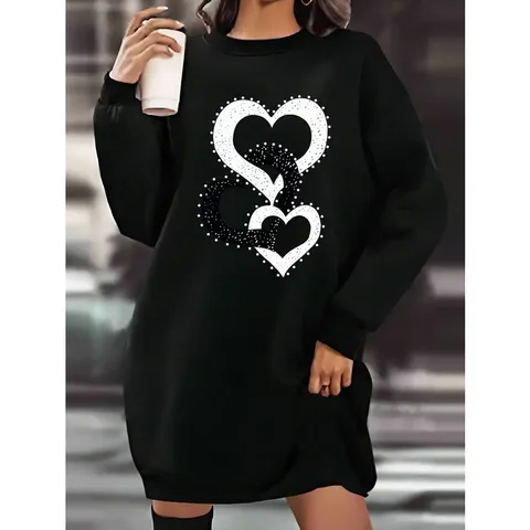 Women's Regular Dress Casual Round Neck Long Sleeve Cartoon Heart Shape Knee-Length Daily