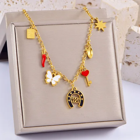 Wholesale Jewelry Sweet Letter Heart Shape Butterfly Titanium Steel Enamel Plating Pendant Necklace