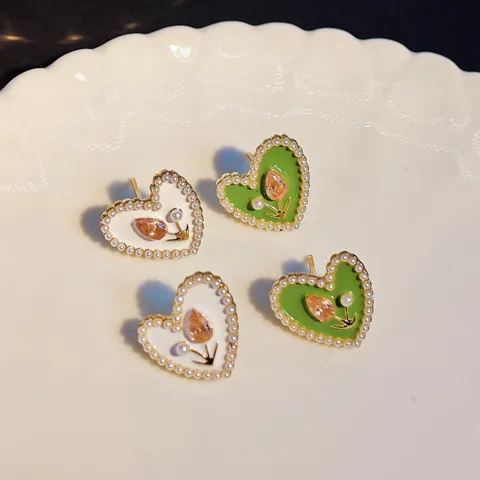 1 Pair Sweet Heart Shape Flower Tulip Enamel Inlay Alloy Pearl Ear Studs