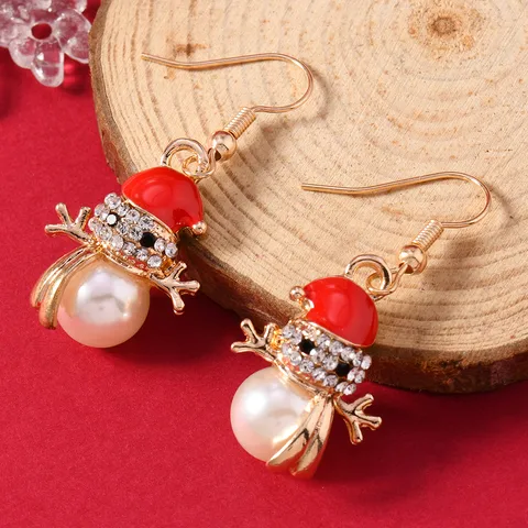 1 Pair Cute Snowman Enamel Plating Inlay Alloy Rhinestones Pearl K Gold Plated Drop Earrings