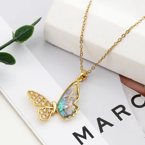 304 Stainless Steel Copper Inlay Butterfly Zircon Pendant Necklace