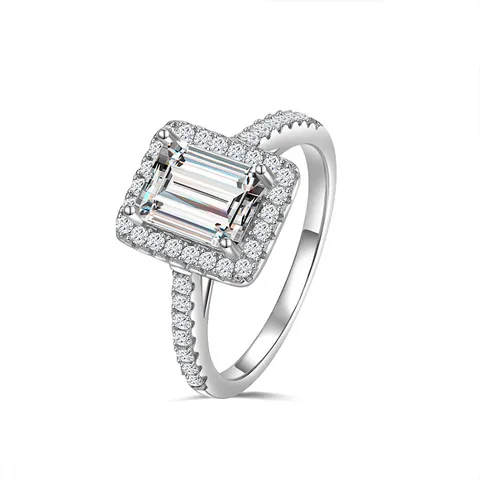 New Arrival 2Carat Halo Emerald Cut Moissanite 925 Sterling Silver Ring For Women Moissanite Wedding Ring Girl