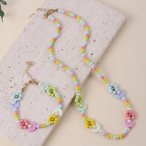 Princess Cute Sweet Flower Imitation Pearl Seed Bead Beaded Girl'S Bracelets Necklace