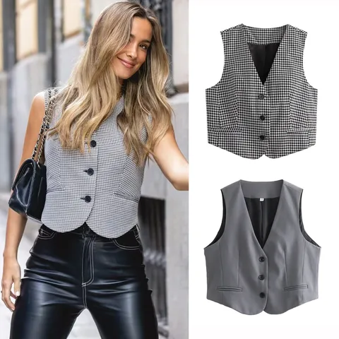 Women's Sleeveless Blazers Button Streetwear Plaid