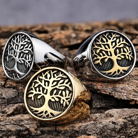 Hip-Hop Streetwear Life Tree 304 Stainless Steel Men's Rings