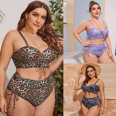 Women's Ditsy Floral Leopard 2 Pieces Set Plus Size Swimwear Swimwear