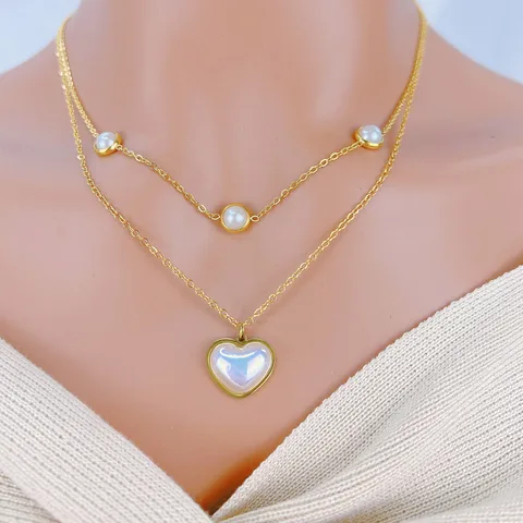 Wholesale Jewelry Elegant Lady Modern Style Geometric Heart Shape Eye 304 Stainless Steel Imitation Pearl Plastic Turquoise 18K Gold Plated Plating Inlay Double Layer Necklaces Pendant Necklace