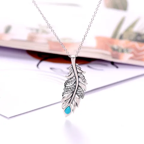 Sterling Silver Rhodium Plated Elegant Retro Simple Style Plating Inlay Feather Zircon Pendant Necklace