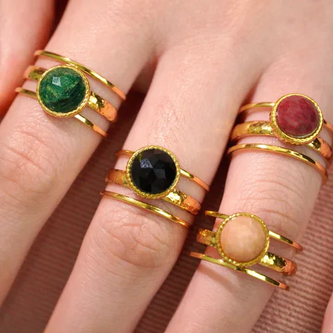 Retro French Style Geometric Titanium Steel 14K Gold Plated Natural Stone Open Rings In Bulk