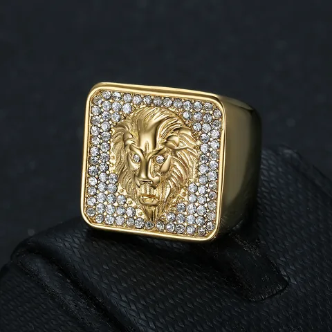 Hip-Hop Square Lion Titanium Steel Plating Inlay Rhinestones 18K Gold Plated Men's Rings