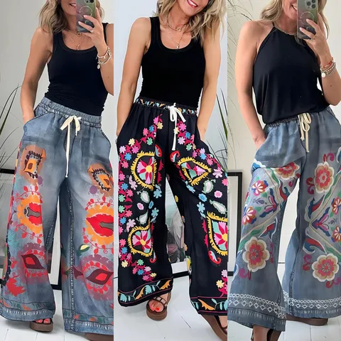 Women's Holiday Daily Streetwear Flower Full Length Printing Pocket Casual Pants Jeans