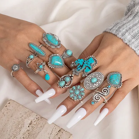 Hip-Hop Retro Leaf Turquoise Alloy Wholesale Rings