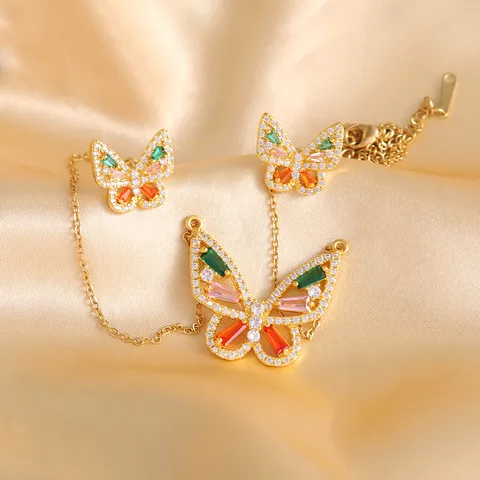 304 Stainless Steel Copper 18K Gold Plated Casual Elegant Lady Plating Inlay Butterfly Zircon Earrings Necklace Jewelry Set