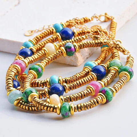 Classic Style Round 304 Stainless Steel Natural Stone Gold Plated Bracelets In Bulk