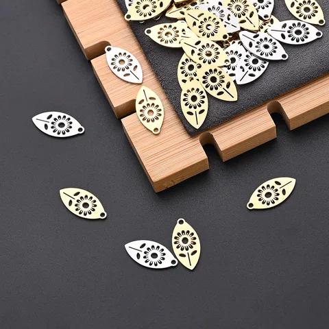 10 PCS/Package 9*18.5mm Hole 1~1.9mm 304 Stainless Steel Gold Plated Oval Flower Polished Pendant