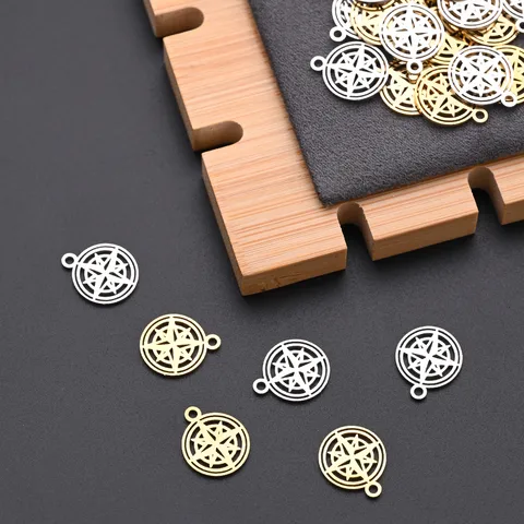 10 PCS/Package 12*14.5mm Hole 1~1.9mm 304 Stainless Steel Gold Plated Eight Awn Star Circle Compass Polished Pendant