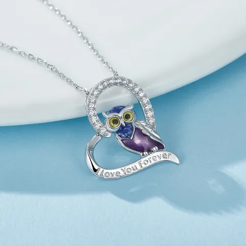 Sterling Silver Rhodium Plated Plating Inlay Animal Heart Shape Owl Zircon Pendant Necklace