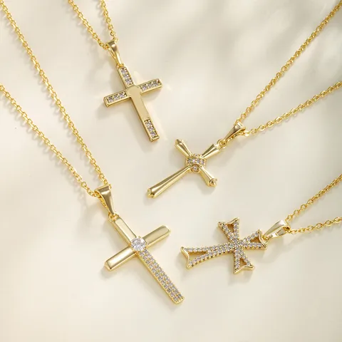 Copper 14K Gold Plated Plating Inlay Cross Artificial Gemstones Pendant Necklace