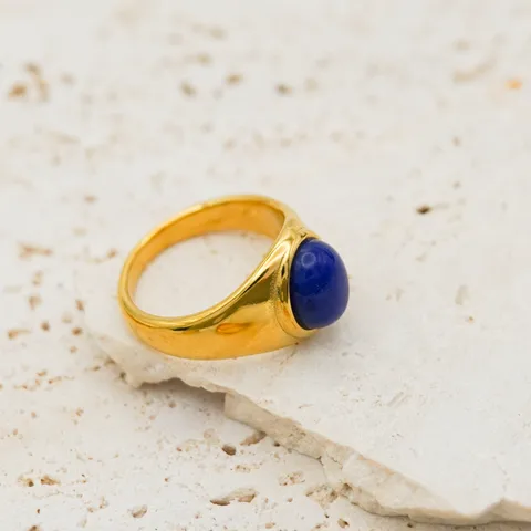 Retro Oval Stainless Steel Plating Inlay Agate 18k Gold Plated Rings