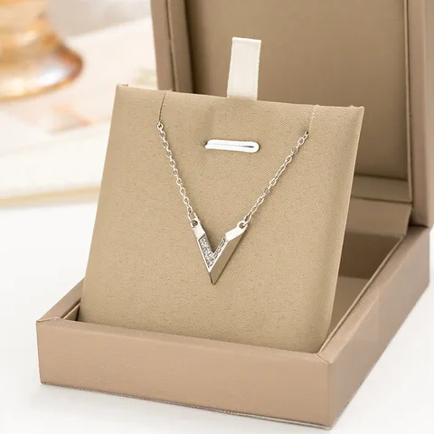 Copper K Gold Plated Diamond V Shape Letter Zircon Pendant Necklace