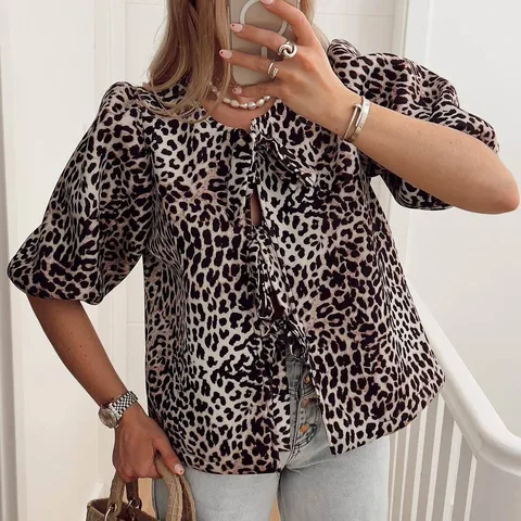 Women's Blouse Short Sleeve Blouses Printing Sexy Streetwear Leopard